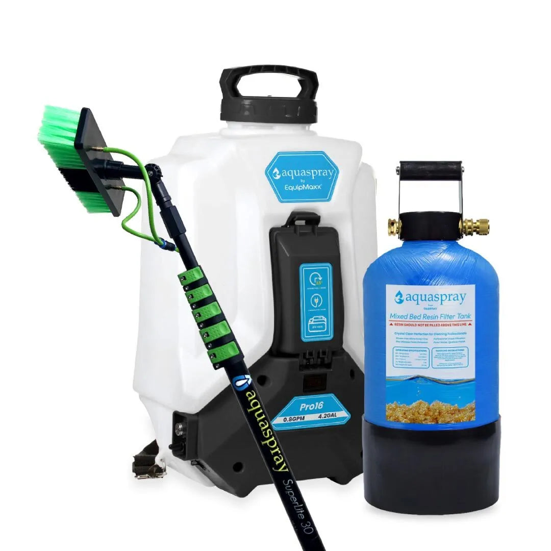 AquaSpray Pro16 4.2 Gallon Backpack Water Tank & Pump and DI Resin Tank for Waterfed Pole for Window and Solar Panel Cleaning