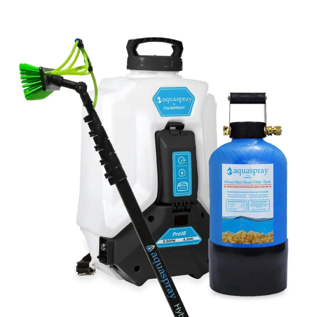 AquaSpray Pro16 4.2 Gallon Backpack Water Tank & Pump and DI Resin Tank for Waterfed Pole for Window and Solar Panel Cleaning