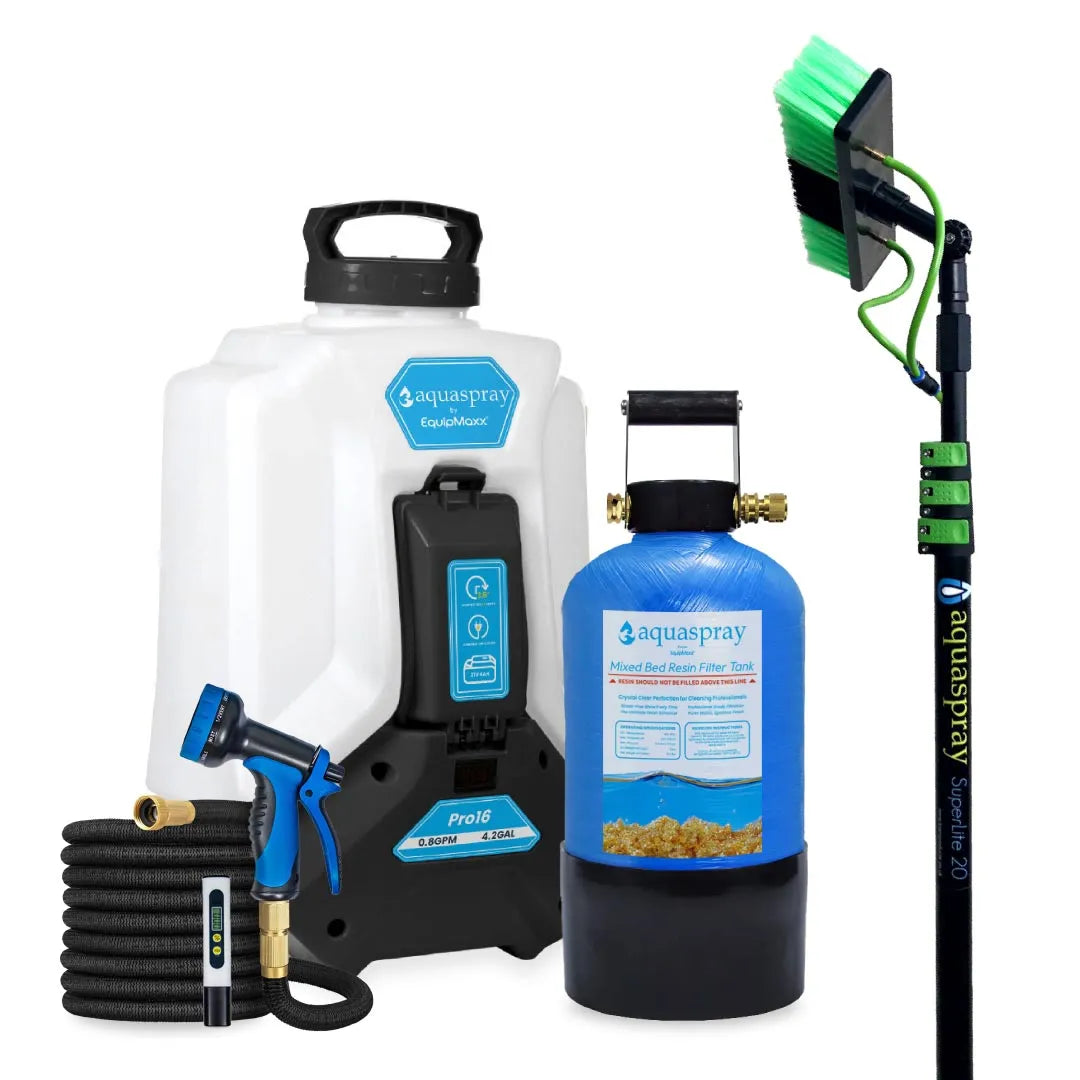 AquaSpray Pro16 4.2 Gallon Backpack Water Tank & Pump and DI Resin Tank for Waterfed Pole for Window and Solar Panel Cleaning