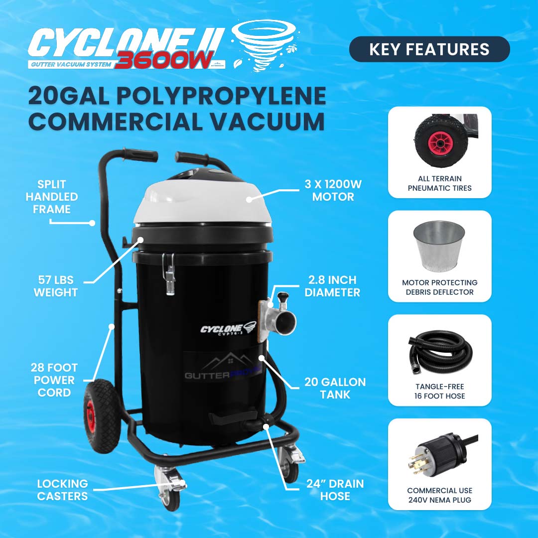 Commercial (240v) Gutter Vacuum 20 Gallon Cyclone II 3600W (Polypropylene)