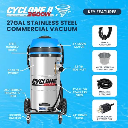 27 Gallon Cyclone II 3600W Stainless Steel All Terrain Gutter Vacuum