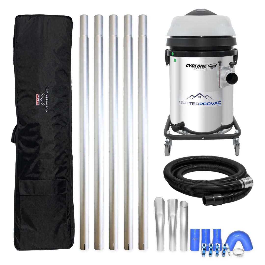 13 Gallon Cyclone 2400W Stainless Steel Domestic Gutter Vacuum with 20 Foot Aluminum Poles and Bag