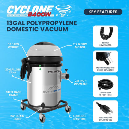 13 Gallon Cyclone Gutter Vacuum 120V Domestic 2400W (Stainless Steel)