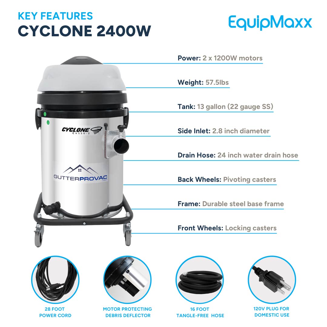 13 Gallon Cyclone Gutter Vacuum 120V Domestic 2400W (Stainless Steel)