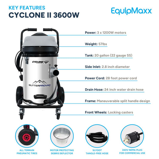 Cyclone II 240V Commercial Gutter Vacuum 3600W 20 Gallon (Stainless Steel)