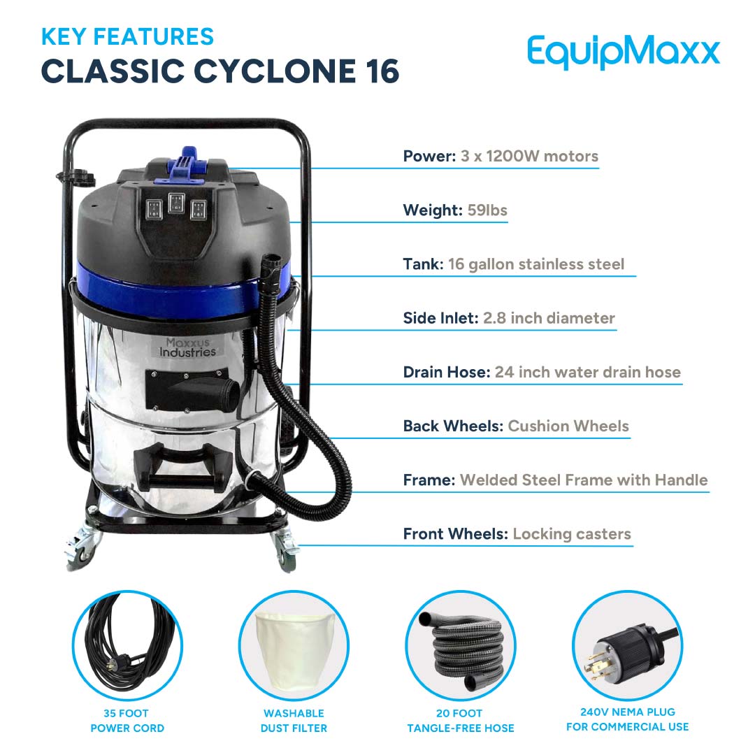 16 Gallon Classic Cyclone Gutter Cleaning Vacuum 240v, 3600W, 3 x Motors