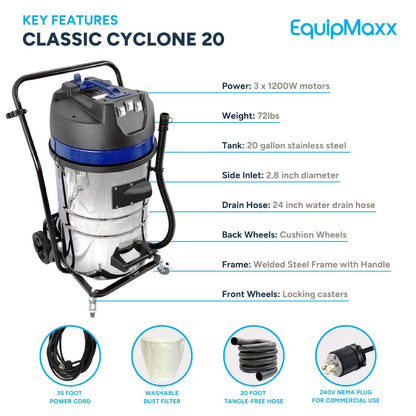 20 Gallon Classic Cyclone Gutter Wet & Dry Vacuum 240v, 3600W, 3 x Motors