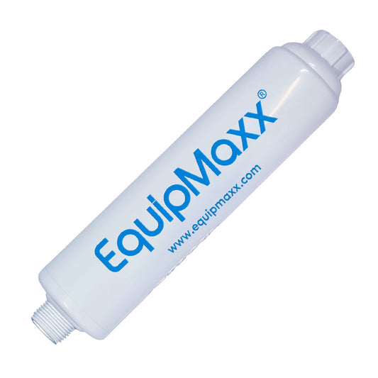 Top view of the white, cylindrical, compact, and portable Equipmaxx inline filter.