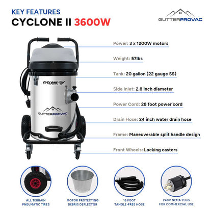 20 Gallon Cyclone II 3600W Stainless Steel Gutter Vacuum with 20 Foot Carbon Fiber Clamping Poles and Bag