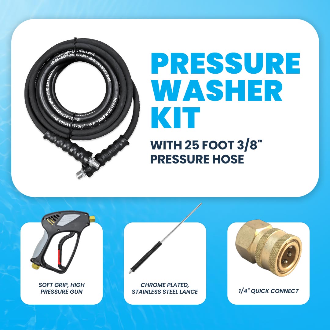 Pressure Washer Kit with 25 Foot Hose, Soft Grip Pressure Gun, Quick Connector, and Stainless Steel Lance Kit