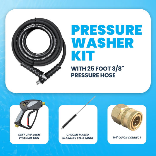 Pressure Washer Kit with 25 Foot Hose, Soft Grip Pressure Gun, Quick Connector, and Stainless Steel Lance Kit