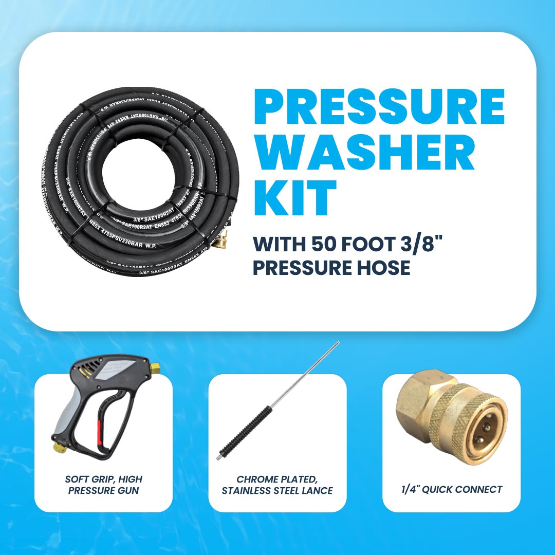 Pressure Washer Kit with 50 Foot Hose, Soft Grip Pressure Gun, Quick Connector, and Stainless Steel Lance Kit