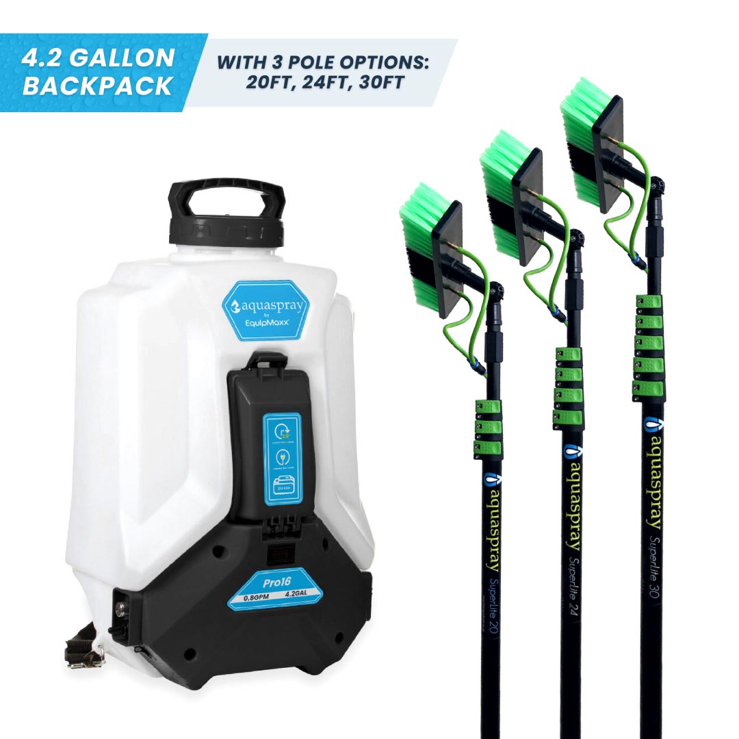 AquaSpray Pro16 product bundle, featuring an 4.2-gallon backpack water tank and a three water fed poles options, 20ft, 24ft, 30ft.