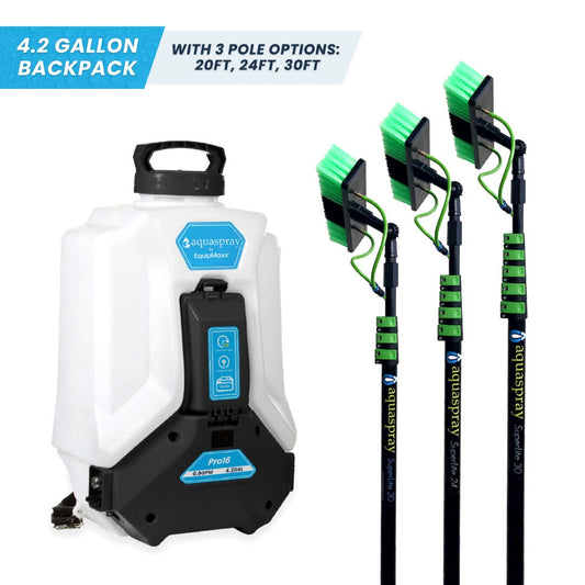AquaSpray Pro16 product bundle, featuring an 4.2-gallon backpack water tank and a three water fed poles options, 20ft, 24ft, 30ft.