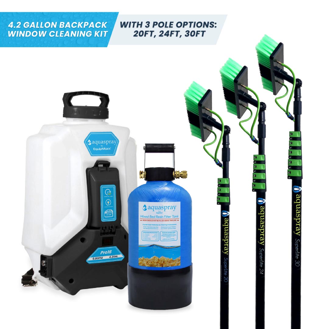 AquaSpray 4.2 Gallon Backpack Water Tank & Pump and DI Resin Tank for Waterfed Pole for Window and Solar Panel Cleaning
