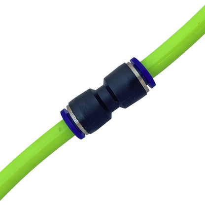 Push Fitting Coupler connected between sections of a Water Fed Pole Hose, showing the black fittings with blue release rings.