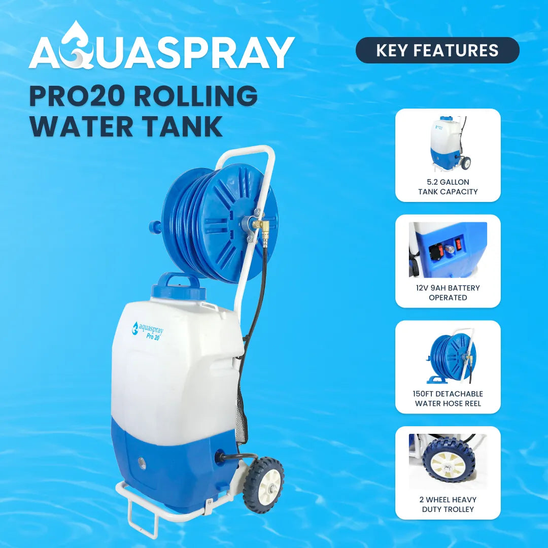 Product feature highlighting the Pro20s 12V 9AH battery, 150ft detachable hose reel, and two-wheel heavy-duty trolley design.