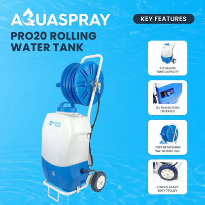 Product feature highlighting the Pro20s 12V 9AH battery, 150ft detachable hose reel, and two-wheel heavy-duty trolley design.