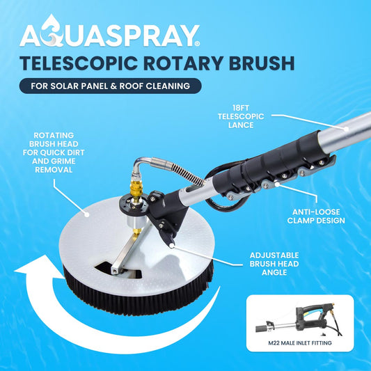 Rotary Solar Panel & Roof Cleaning Brush With 18ft Telescopic Lance for Pressure Washers by Aquaspray®