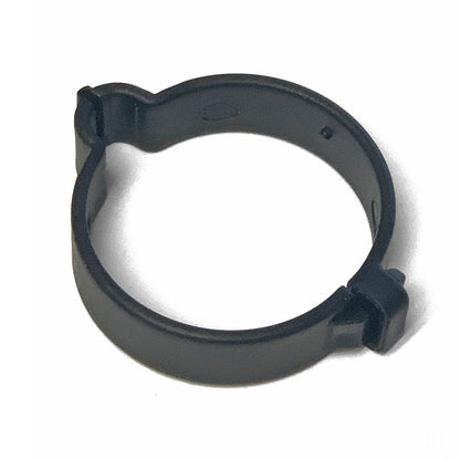 Close-up view of a Aqua Pro Vac's black water hose clip, designed to secure water hose close to vacuum hose.