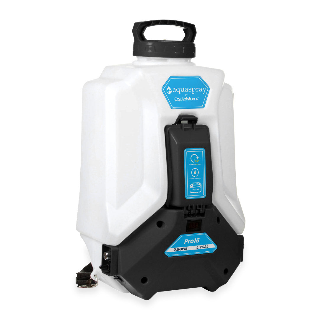Slanted view of the 4.2 gallon backpack tank featuring a white tank and black base with label of flow rate, capacity and battery.