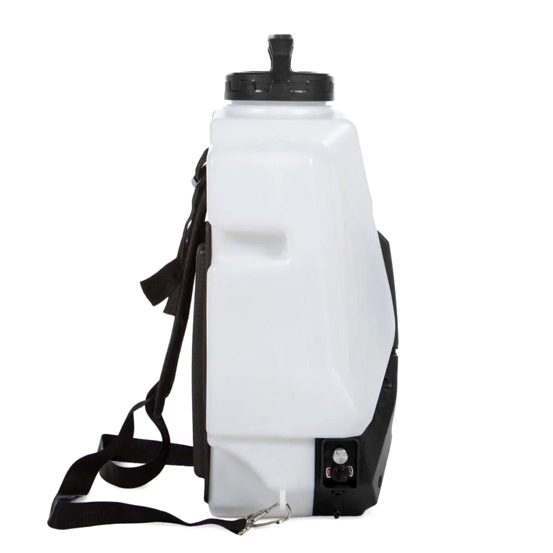 AquaSpray Backpack right side profile featuring a portable white water tank equipped with black straps and a switch on the side.