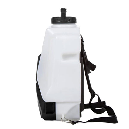 Left side profile of Pro16 backpack showing the white water tank with black straps support.