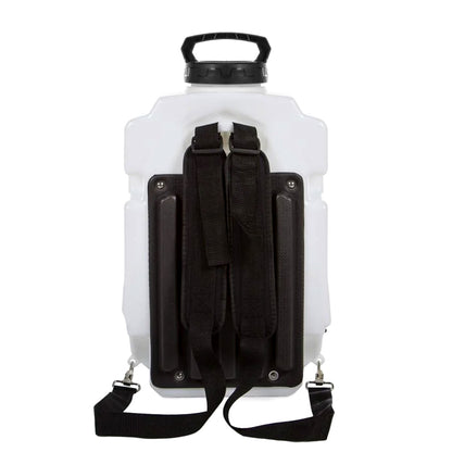 AquaSpray Pro 16 - Rear View displaying the white water tank with adjustable black shoulder straps and padded back support.