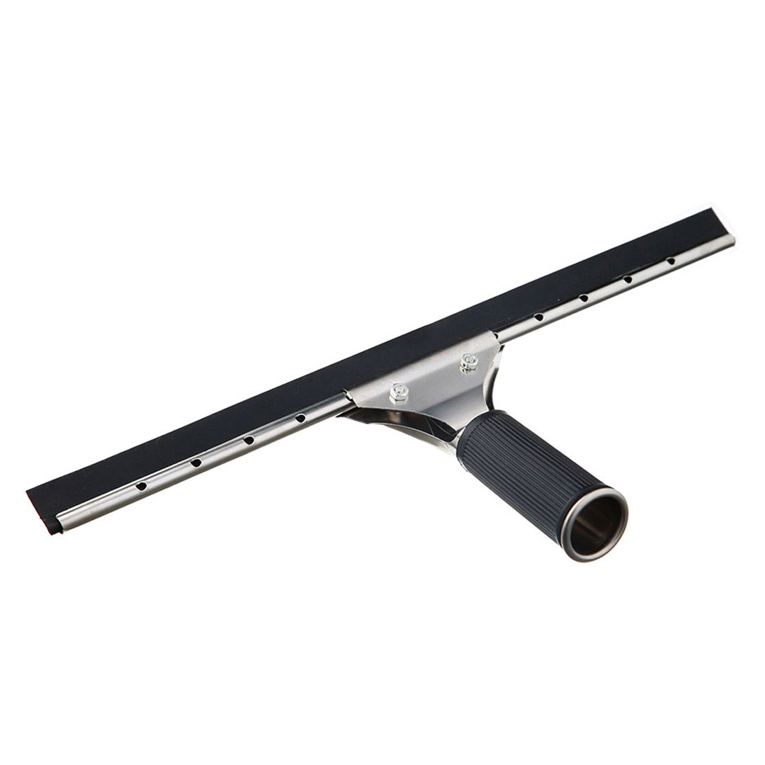Window Squeegees angled view, featuring the metal frame with adjustable screws, a flat rubber blade and a ribbed rubber handle.